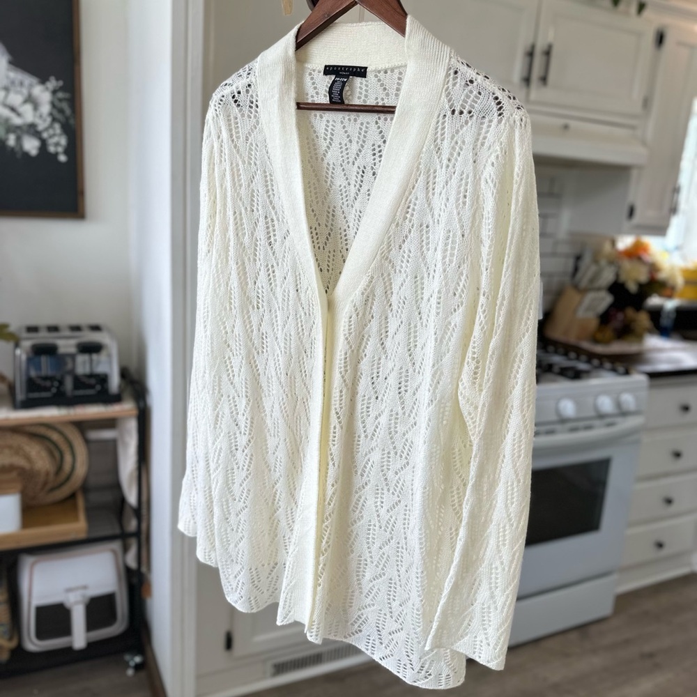 Vintage Apostrophe Plus Women’s White Open Knit Cardigan Sweater Size 20-22W